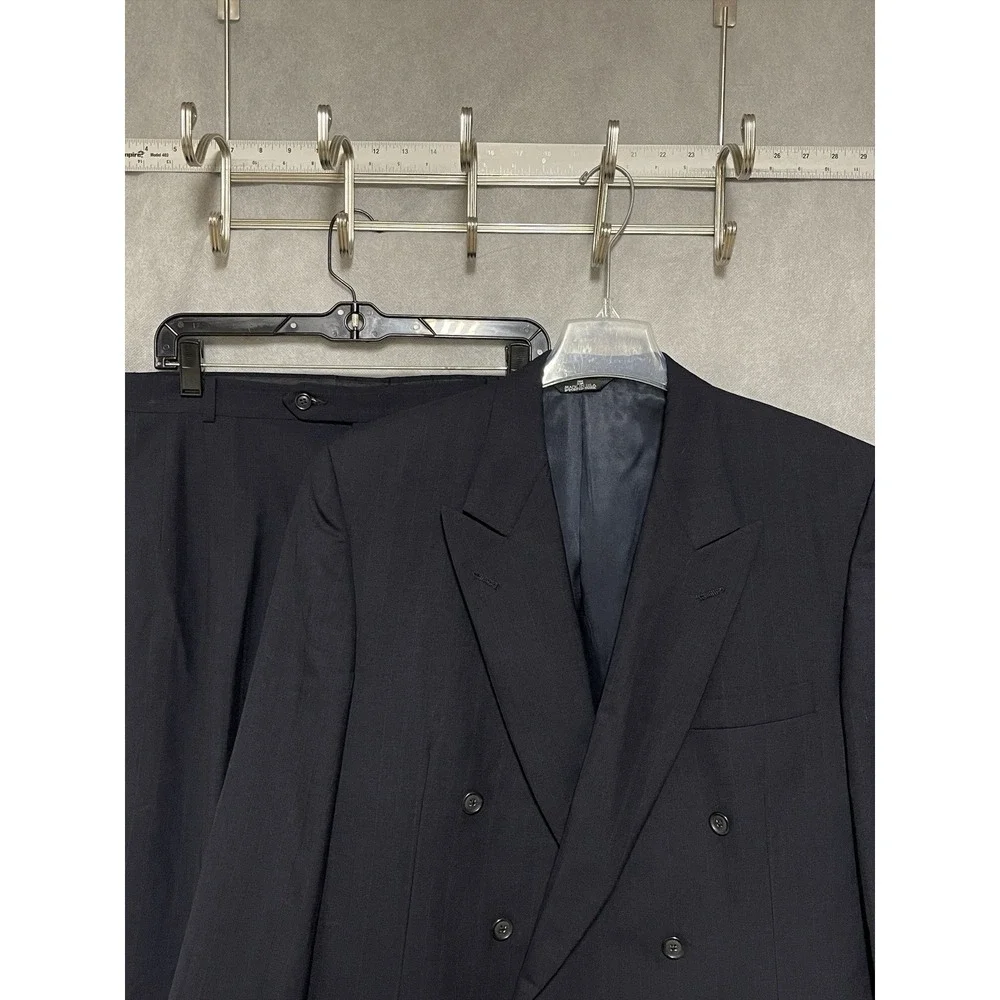 Perry Ellis Suit Men 42R Navy Striped Double Breasted Wool 36x32 Pants Luxury